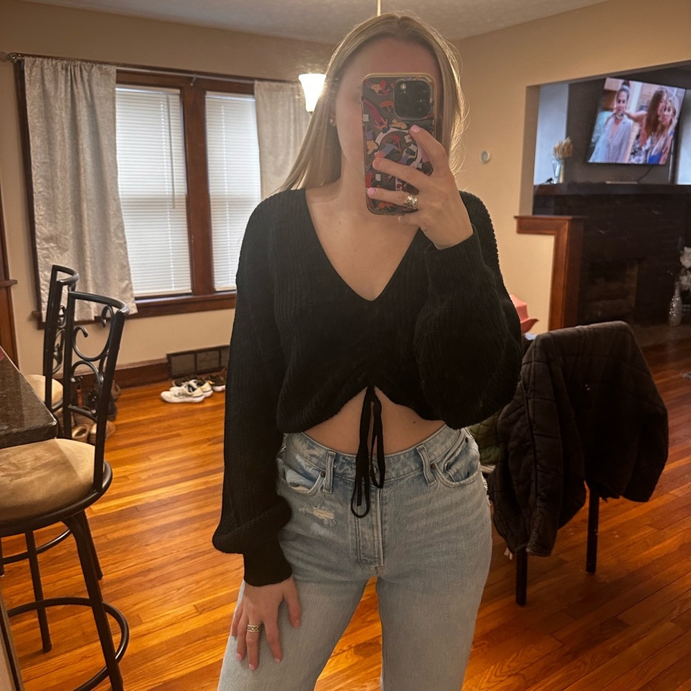 Black Tie-Front Sweater